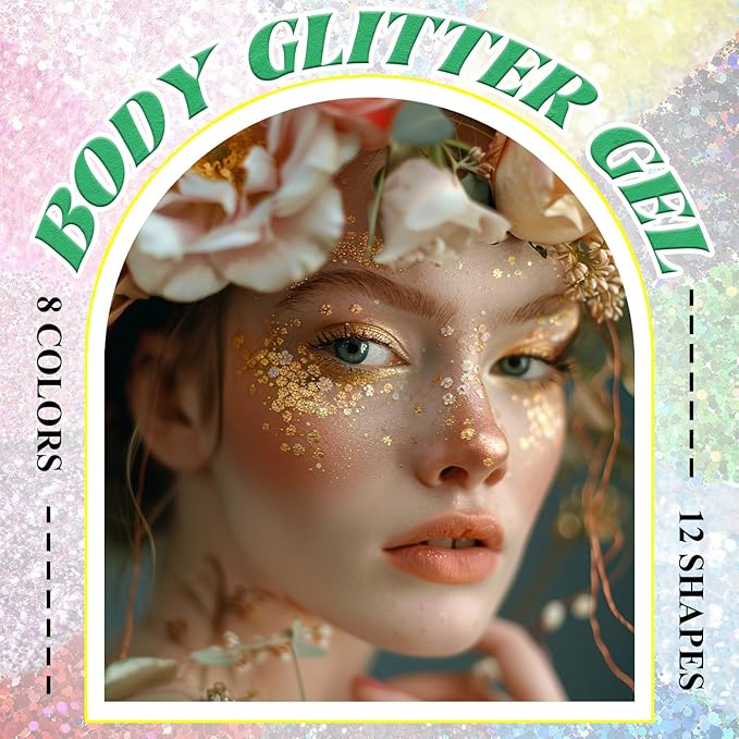 Body Glitter Face Glitter, Hair Glitter for Kids, 12 Shapes Fine Chunky Glitter Gel for Women Girls Makeup Sparkles Party Mermaid Sequins Rave Accessories Singer Concerts Festival (Gold Scheme)