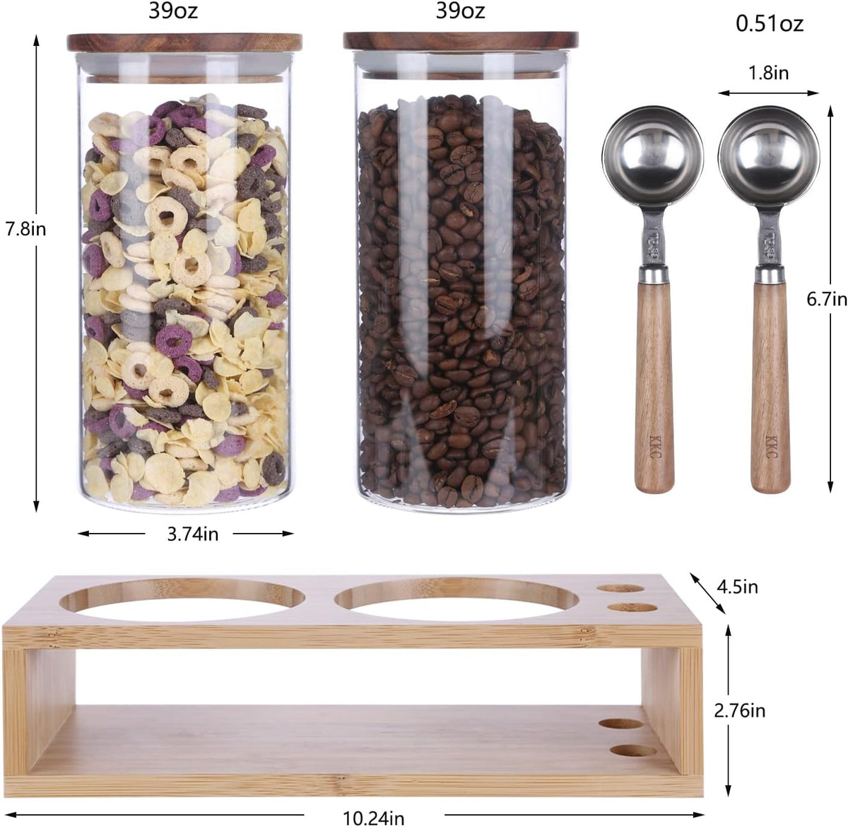 KKC HOME ACCENTS Air Tight Glass Coffee Tea Containers with Spoons for Coffee Beans,Loose Tea,Ground Coffee,Matcha,Glass Canisters with Airtight Lids and Scoops,39 Fl oz