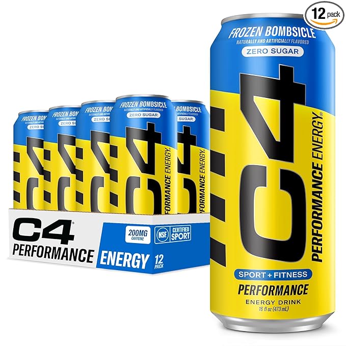 C4 Performance Energy Drink | Zero Sugar Carbonated Preworkout Energy | 200mg Caffeine with Beta Alanine | Frozen Bombiscle | 16 Fl Oz (12 Pack)