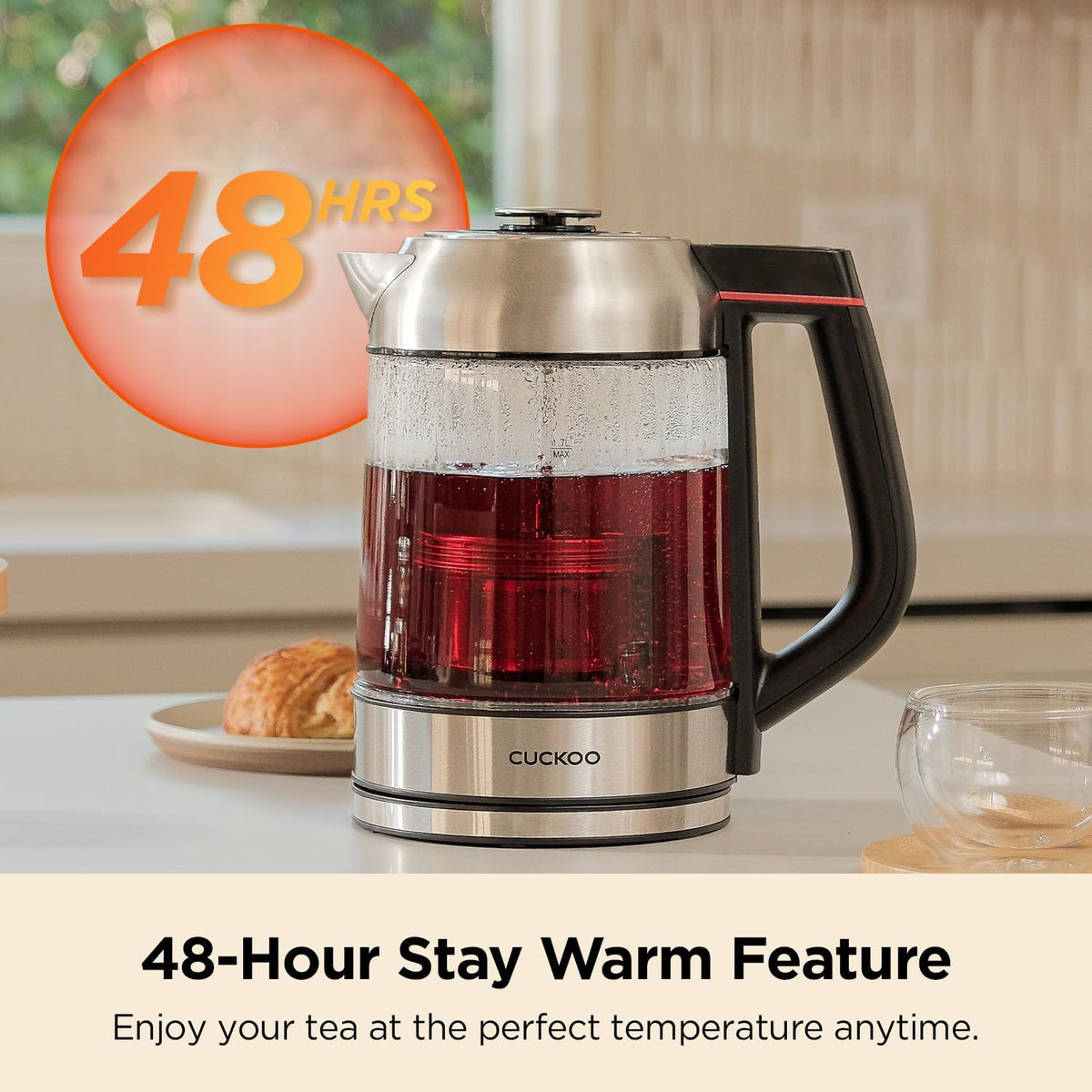 CUCKOO Electric Tea Kettle with Infuser, Glass Electric Kettle with Multi-Temperature Control, Easy to Read LED Lights, 1.7 Liter Capacity Tea Maker Pot (CK-G170BS)