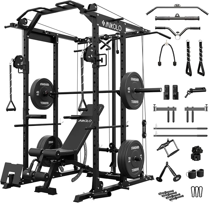 Mikolo Power Cage, Power Rack with Cable Crossover System, 1500LBS Squat Rack with LAT Pull Down System, Workout Cage with Pulley System for Fitness Home Gym