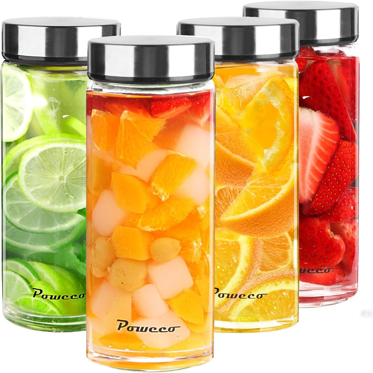16oz Glass Juice & Water Bottles 4-Pack with Lids- Wide Mouth Reusable Borosilicate Glass- for Juicing, Smoothies, Protein Shakes, Blender & Shaker Bottle- Refillable & Dishwasher Safe(16 oz/500ml)
