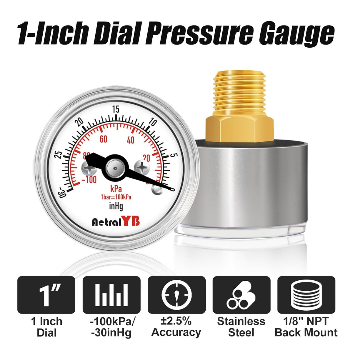 1inch Vacuum Pressure Gauge, 30Inhg-0/-100Kpa-0,1" Dial, 1/8 NPT Back Mount, 304 Stainless Steel Case, Brass Internal, for Vacuum Test