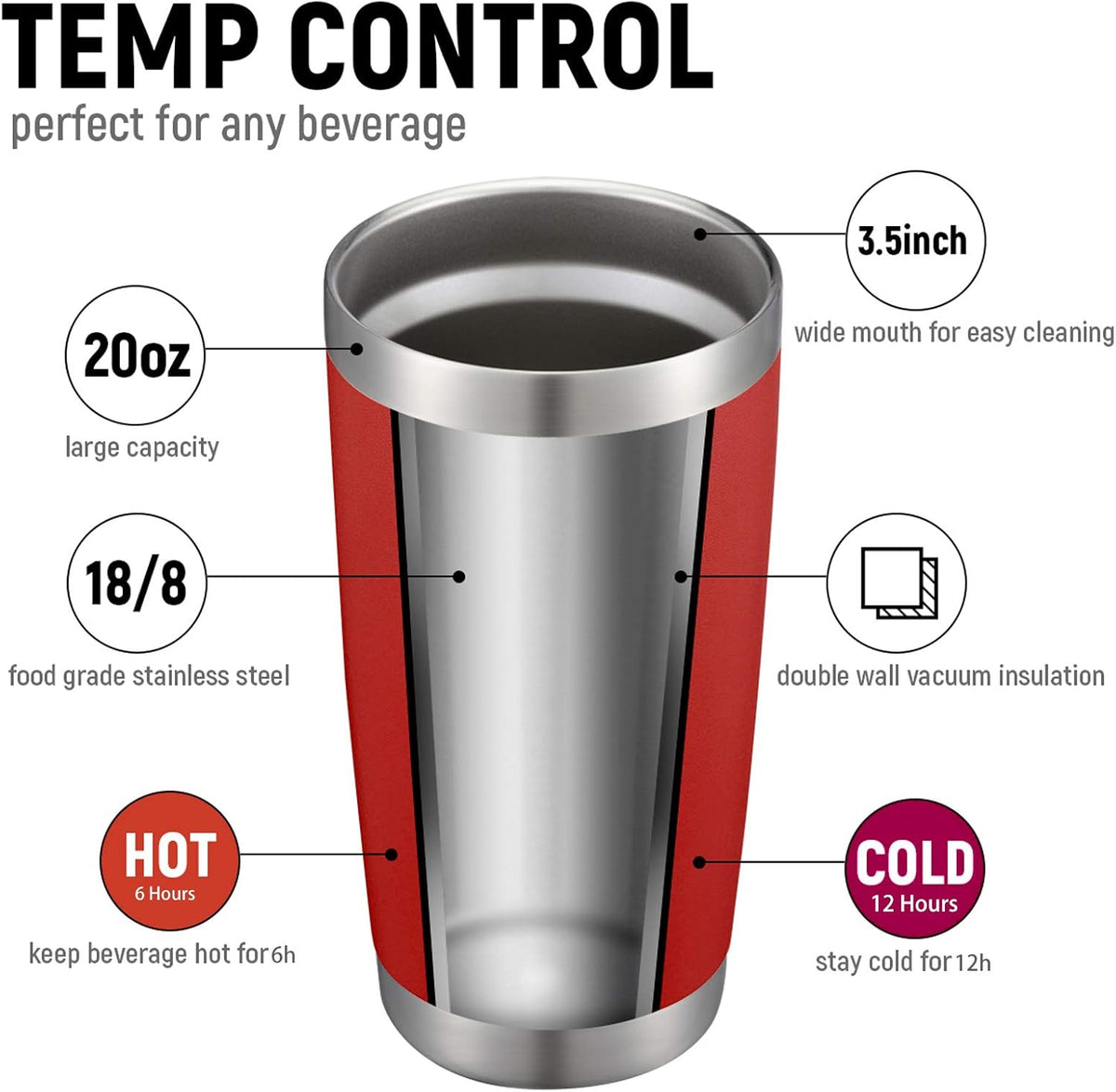 COMOOO 20oz Double Wall Vacuum Insulated Travel Mug, Stainless Steel Tumbler with Lid and Straw Durable Powder Coated Insulated Coffee Cup for Cold & Hot Drinks (Red, 1 PACK)