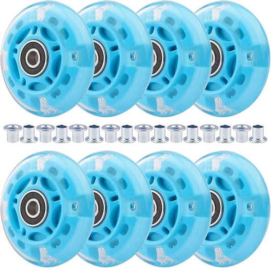 8pcs Inline Skate Wheels Led Light-Up Wheels 64/70/72/76/80mm w/Bushings 85-88A for Kids and Youth Beginners Children's Inline Skates Indoor/Outdoor Use (Blue, 70mm)