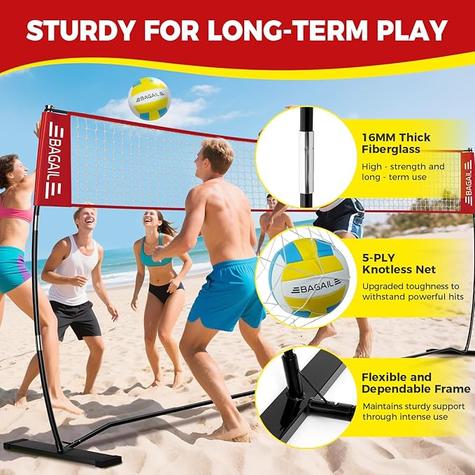 BAGAIL Volleyball Net, 12ft/20ft Portable Volleyball Net for Backyard - Adjustable Height, Heavy-Duty Frame, Freestanding Design - Portable Outdoor/Indoor Volleyball Set with Carry Bag
