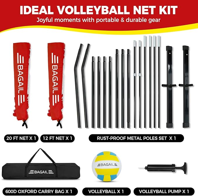 BAGAIL Volleyball Net, 12ft/20ft Portable Volleyball Net for Backyard - Adjustable Height, Heavy-Duty Frame, Freestanding Design - Portable Outdoor/Indoor Volleyball Set with Carry Bag