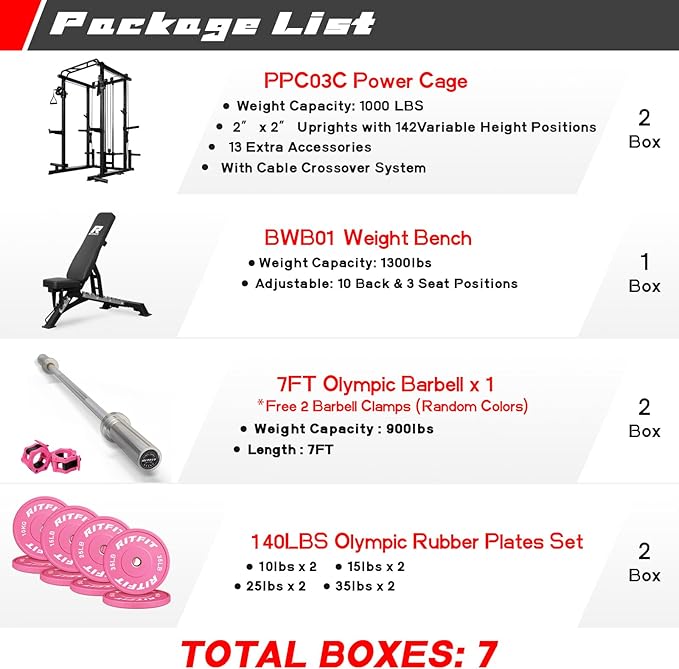 RitFit Multi-Function Squat Rack Power Cage PPC03 with Cable Crossover System, 1000LBS Capacity Power Rack and Packages with Optional Weight Bench, Barbell Weight Set, for Garage Workout & Home Gym