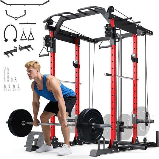 YOLEO Smooth Dual Pulley System Power Cage, 1600LBS Adjustable Cable Crossover Power Rack, Multi-Functional Squat Rack for Home Gym with More Training Attachment
