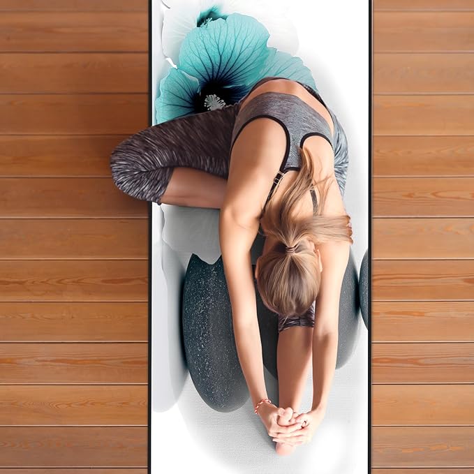 QiyI Large Yoga Mat Towel with Corner Pockets, Non Slip Sweat Absorbent Hot Yoga Towels, Soft Yoga Blankets Skidless Mat Cover for Workout, Gym, Fitness - 74"x26", Pebbles & Blue White Flowers