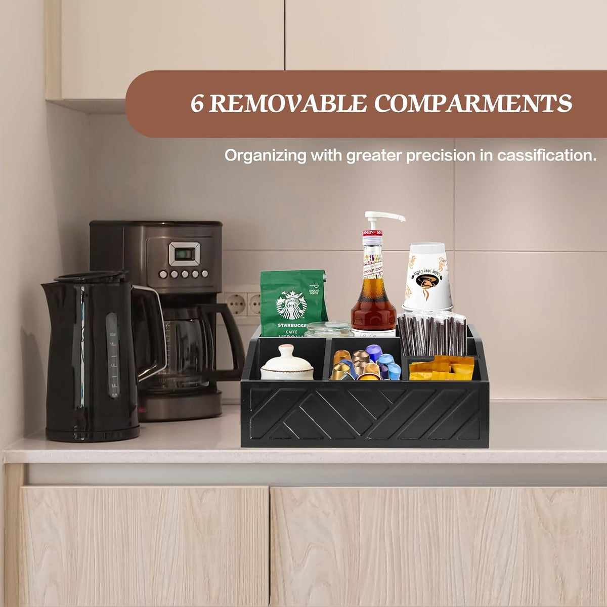 Coffee Pod Holder and Bar Accessories, Wood Station Organizer for Decor, Syrup and Condiment Organizer, Black