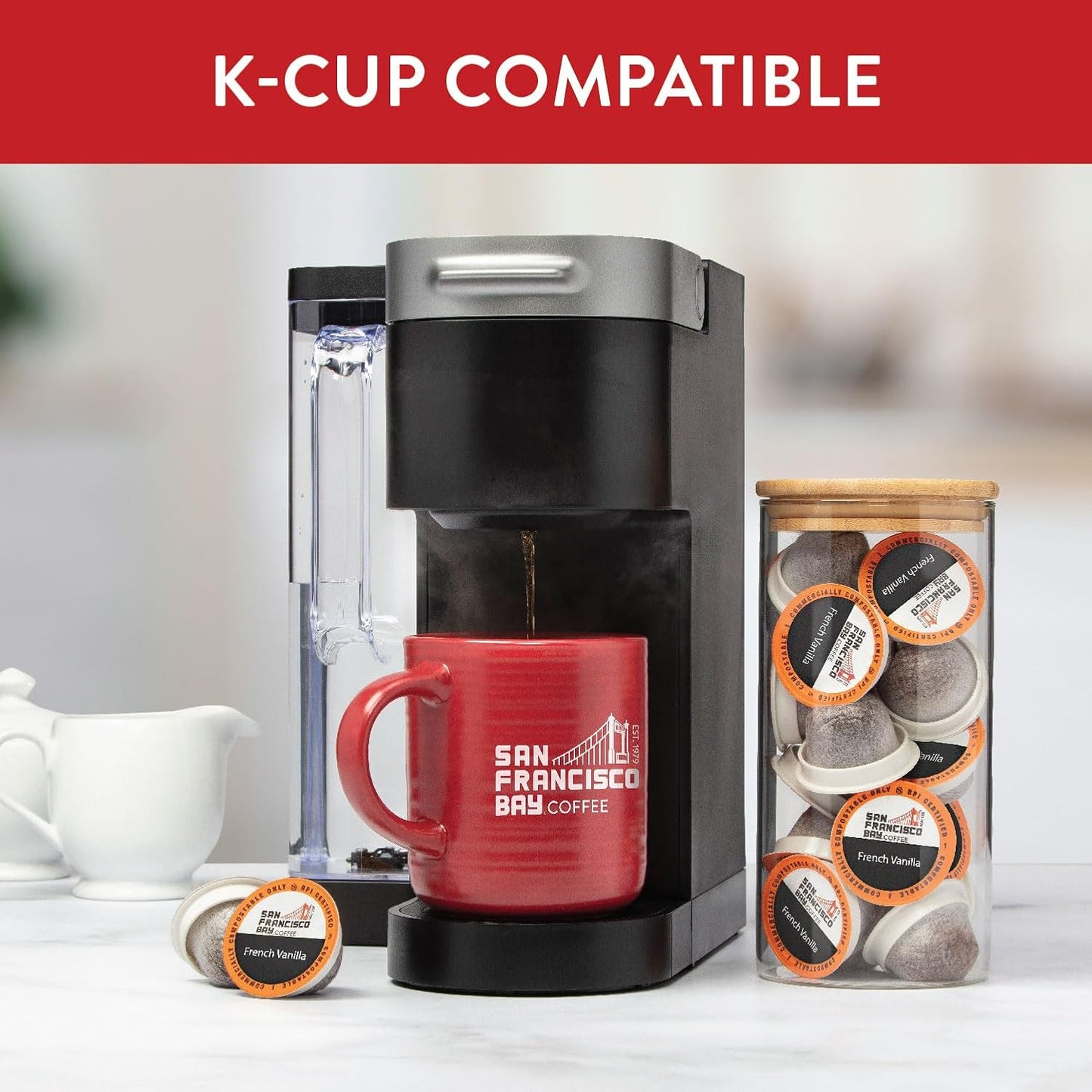 San Francisco Bay Coffee - Flavored Medium Roast - French Vanilla (80 ct) - Single Serve Coffee Pods, Commercially Compostable, K Cup Compatible