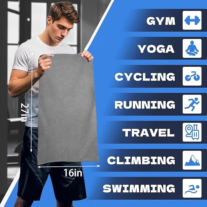 Microfiber Gym Towels for Working Out, Quickly Dry Yoga Towels for Men & Women Tennis, 16 Inch x 27 Inch, 6 Pack, Grey