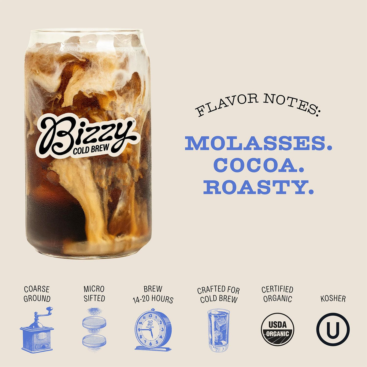 Bizzy Organic Cold Brew Coffee | Dark & Bold Blend | Coarse Ground Coffee | Dark Roast | Micro Sifted | Specialty Grade | 100% Arabica | 2 LB