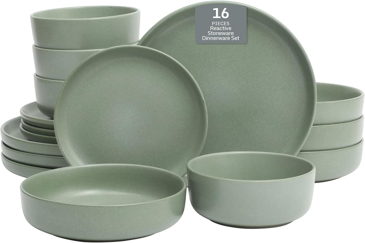 Gibson Elite Pasco 16 Piece (Service for 4) Plates and Bowls Double Bowl Reactive Glaze Dishes Stoneware Ceramic Dinnerware Set - Green