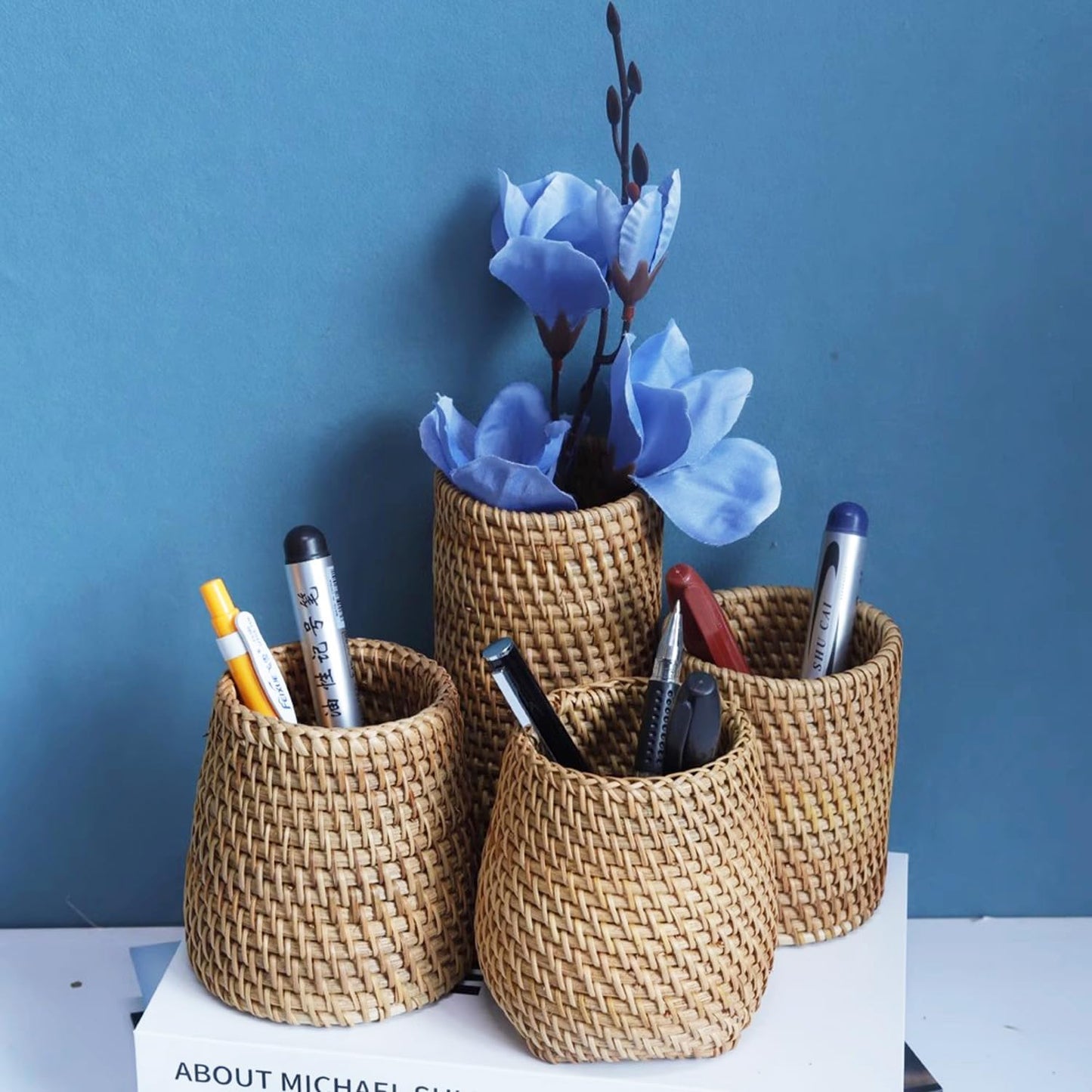 Handmade High Wall Rattan Pen Cup,Tea Items Desk Holder,Wicker Pencil Décor Holder Flower Vase For Dry Flower,Rustic Makeup Brushes Holder Stand, Table Loose Items Organizer (High Cylinder)