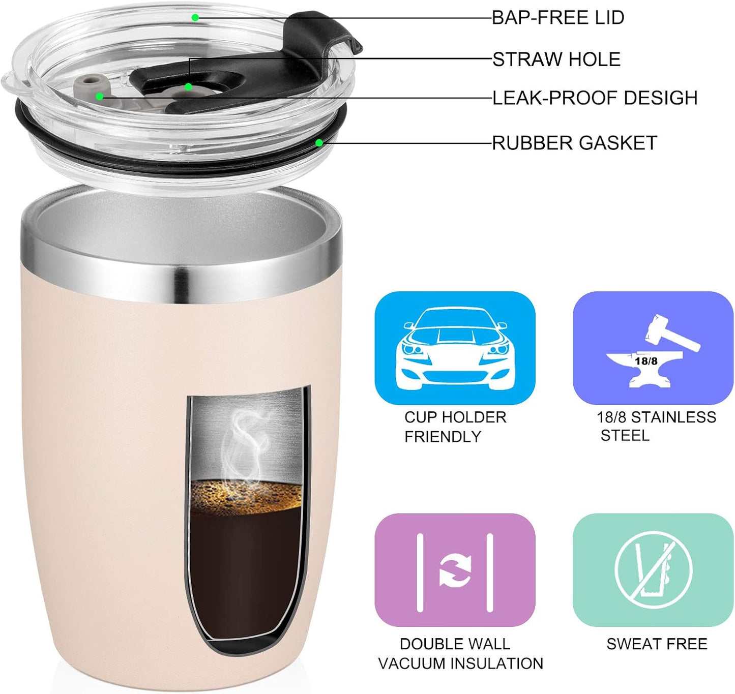 VEGOND Stainless Steel 12 oz Tumblers bulk Vacuum Insulated Double Wall Travel Tumbler with Lid and Straw Reusable Tumbler, Beige 1 Pack