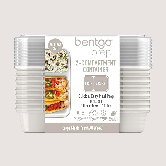 Bentgo 20-Piece Lightweight, Durable, Reusable BPA-Free 2-Compartment Containers - Microwave, Freezer, Dishwasher Safe - Whisper Gray