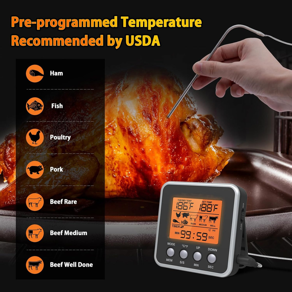 Digital Meat Thermometer for Oven, Food Thermometer with Large LCD, Backlight, Kitchen Timer, Temperature/Time Alarm for Smoker, BBQ, Barbecue, Cookware