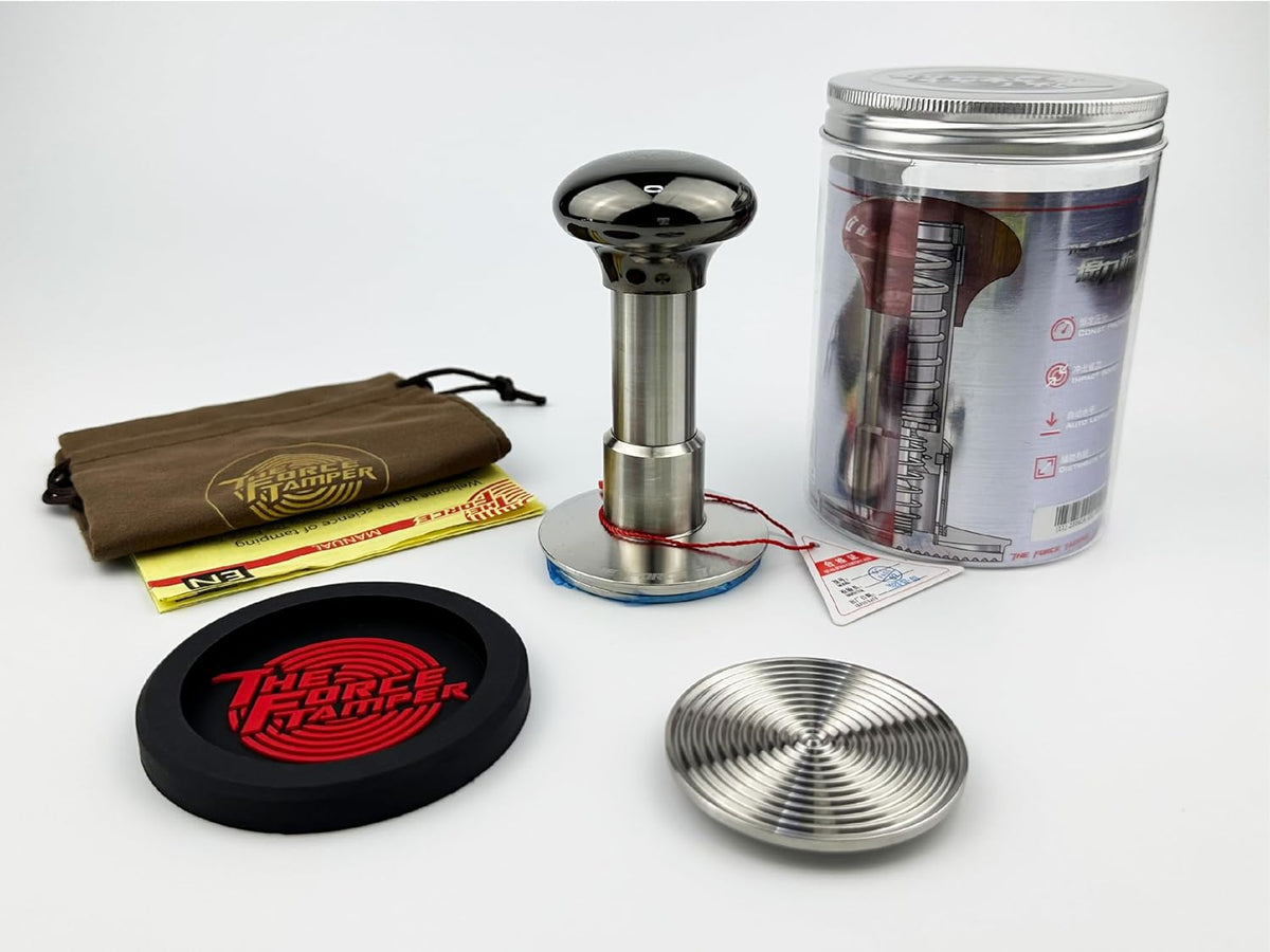 The Force Tamper Automatic Impact Coffee Tamper Adjustable Const Pressure and Autoleveling Extend Set New (Jelly-Black Mirror AL, 54.00mm)
