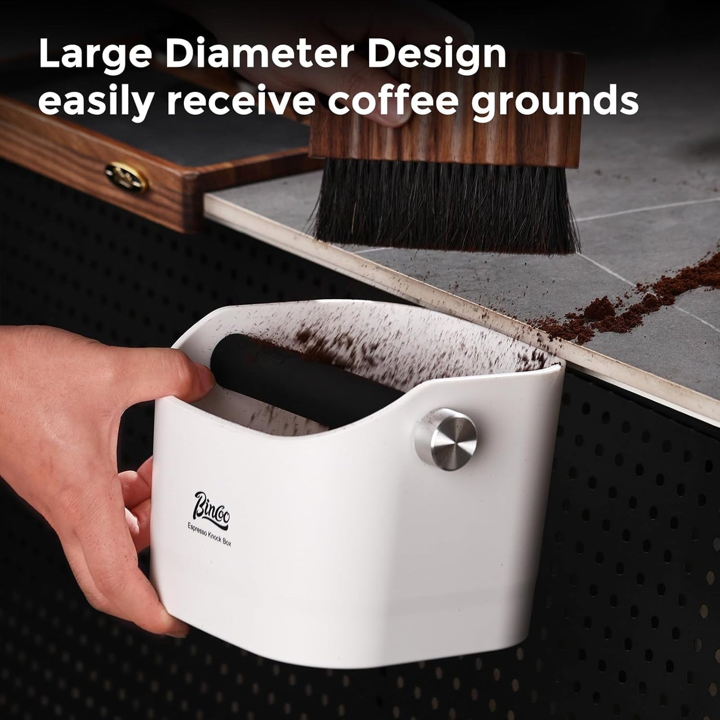 Bincoo Square Coffee Knock Box 0.8L – ABS Espresso Knock Bin with Non-Slip Base, Wide 4.6" Slanted Opening & Detachable Silicone Knock Bar for Easy Cleaning and Quiet Use(White(square))