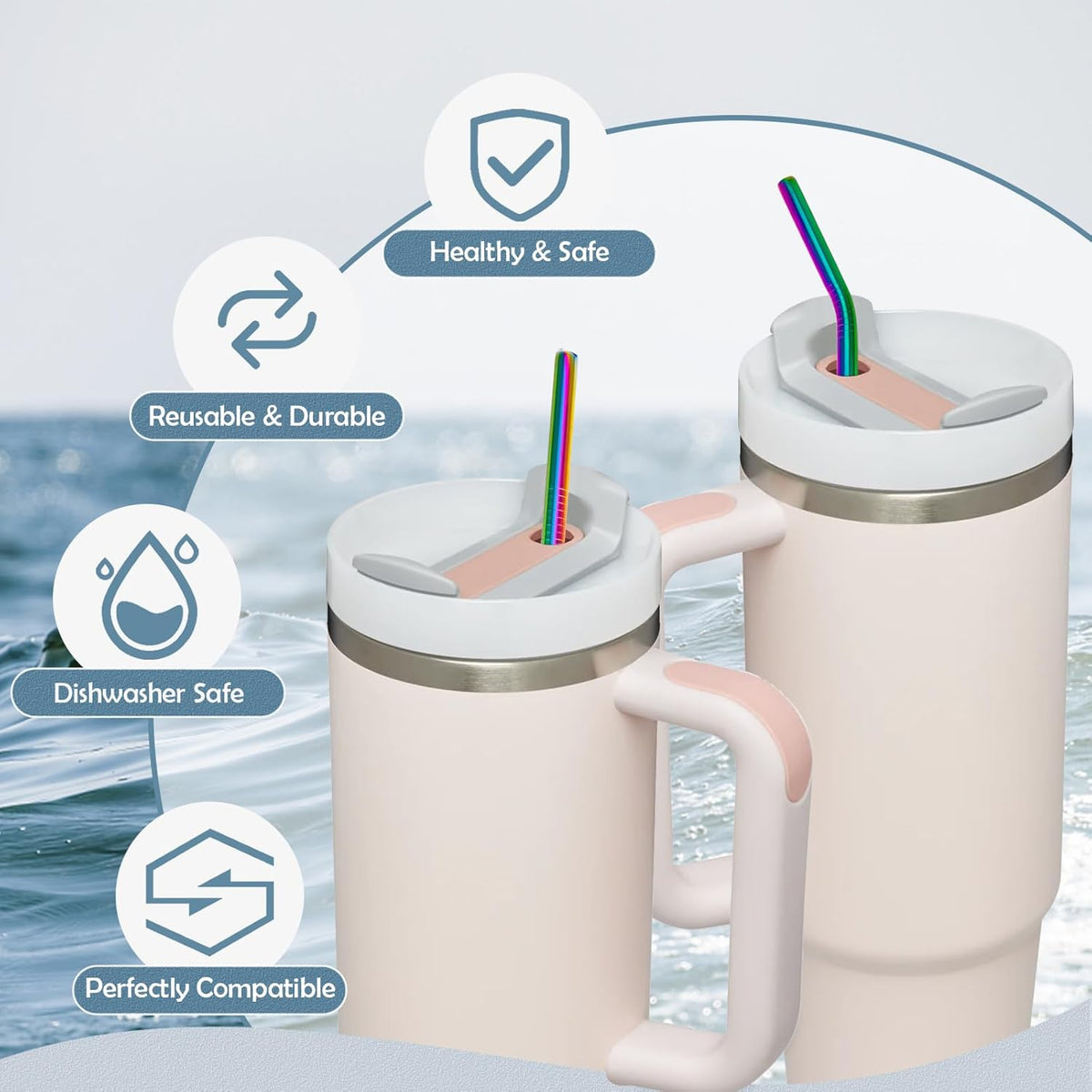 for Stanley Quencher 40oz Tumbler 6x Metal Stainless Steel Straws, 12inch Replacement Extra Long/Tall Straws for Stanley Cup 40oz Drinking Reusable Accessories (3x Straight & 3x Bent, Colorful)