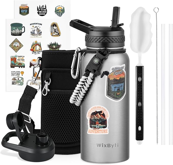 32 oz Insulated Water Bottle with Straw (Cold for 48 Hrs), Stainless Steel Triple Wall Vacuum Sports Water Jug, Leakproof Hydro Cup Flask with Paracord Handle & Straw Spout Lids & DIY Stickers