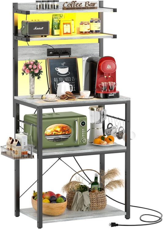 Aheaplus Bakers Rack with Power Outlet, Microwave Stand, 5 Tiers Coffee Bar Station with Led Lights, Kitchen Storage Shelf with 6 S-Shaped Hooks, Kitchen Rack for Spices, Pots and Pans, White Oak