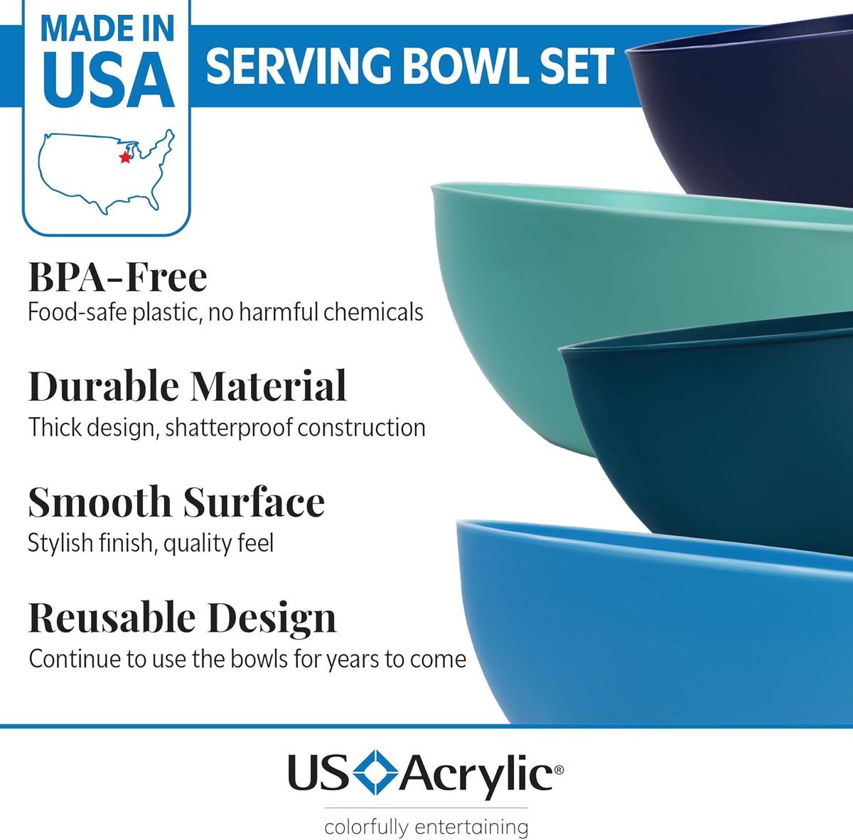 US Acrylic Vista Durable Plastic Salad and Serving 10-inch Bowls | Set of 4 in Coastal Colors | Reusable, BPA-free, Made in the USA | 135 oz. capacity