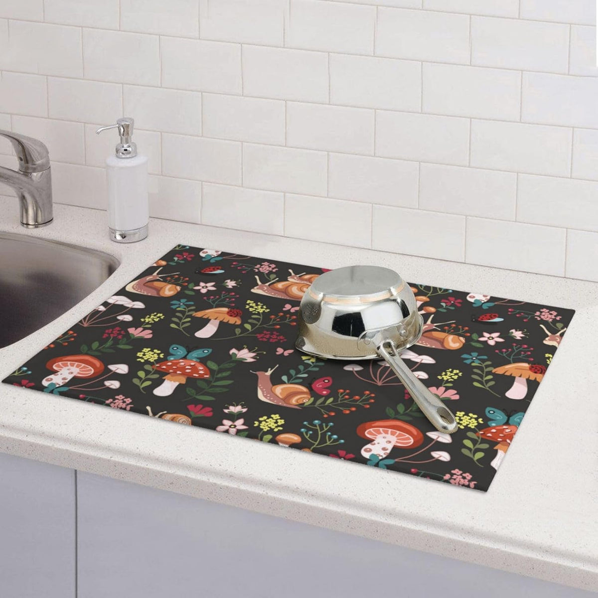 Mushroom Snails Dish Drying Mat for Kitchen Counter 18x24 Inch, Spring Floral Kitchen Drying Mat,Cute Mushrooms Decor Dishes Pad Dish Drainer Rack Mats Absorbent Fast Dry Kitchen Accessories