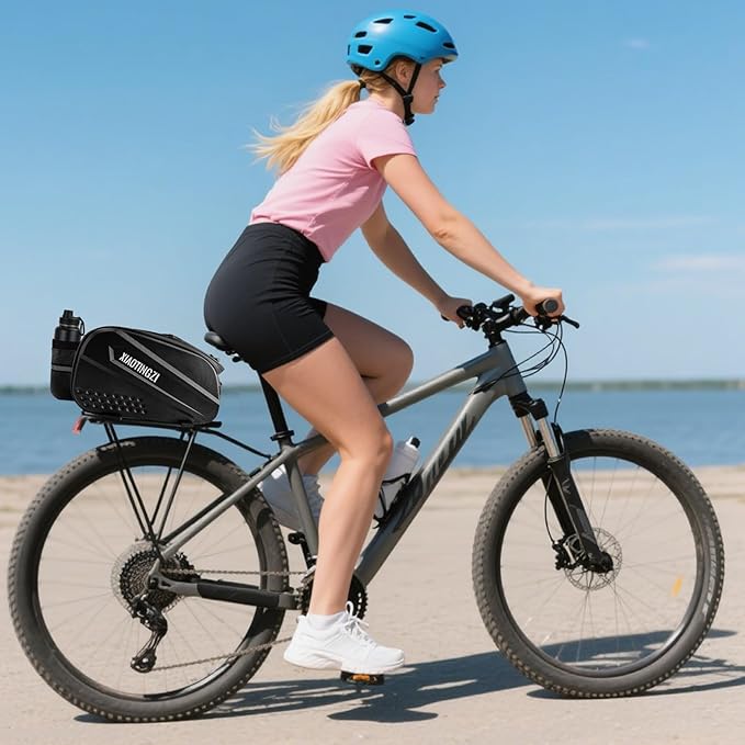 Bicycle Back Seat Bag, Double Layer Waterproof, Zipper, Bicycle Trunk Bag, 9.6L Capacity Waterproof Back Seat Carrier Cargo Bag with Straps and Rain Cover for Cycling