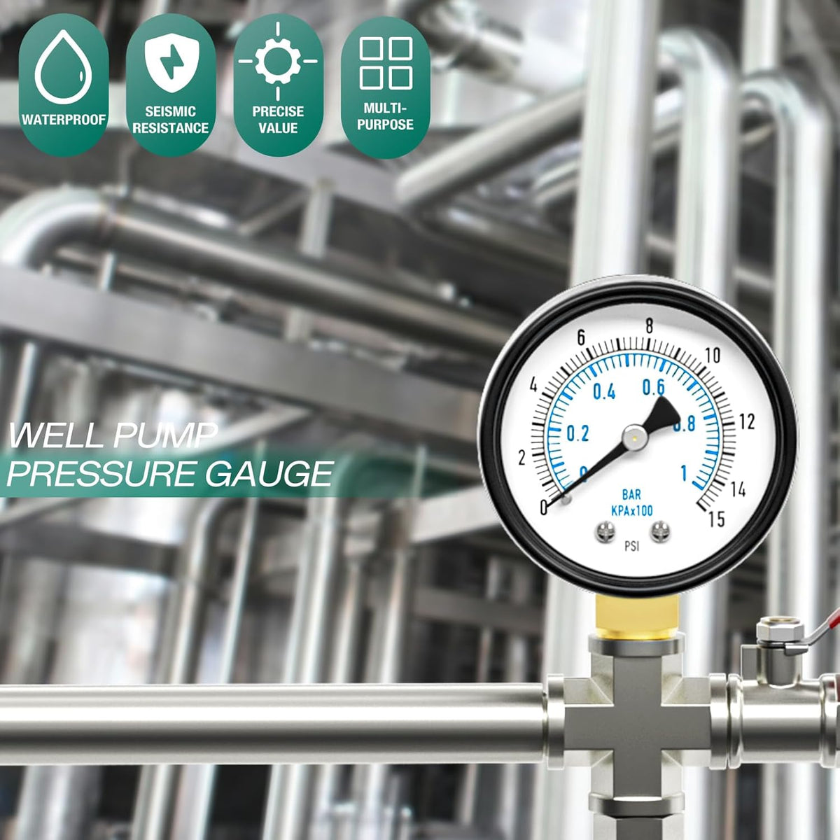 0-15PSI Well Pump Pressure Gauge 2" Dial Size, 1/4" NPT Lower Mount, 3-2-3% Accuracy, for Tube, Water Pump, Gas, Liquid, Pressure Test