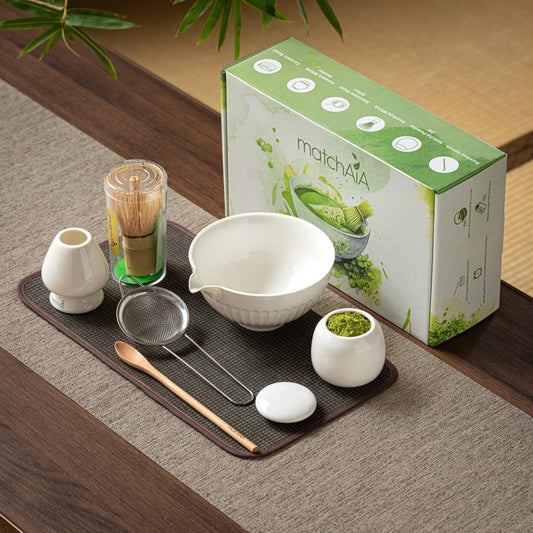 6 Pcs Matcha Set - Ceramic Bowl with Spout, Matcha Whisk with Holder, Tea Powder Canister, Sifter and Spoon, Complete Kit for Traditional Matcha, Modern Lattes, and Tea Ceremonies (White)