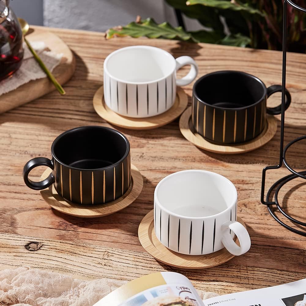 LUKA Porcelain Espresso Cup with Saucer and Metal Stand, 6 Ounce Stackable Ceramic Demitasse Espresso Mugs Cappuccino Cups Set for Latte,Coffee,Cafe Mocha,Tea(Set of 4)