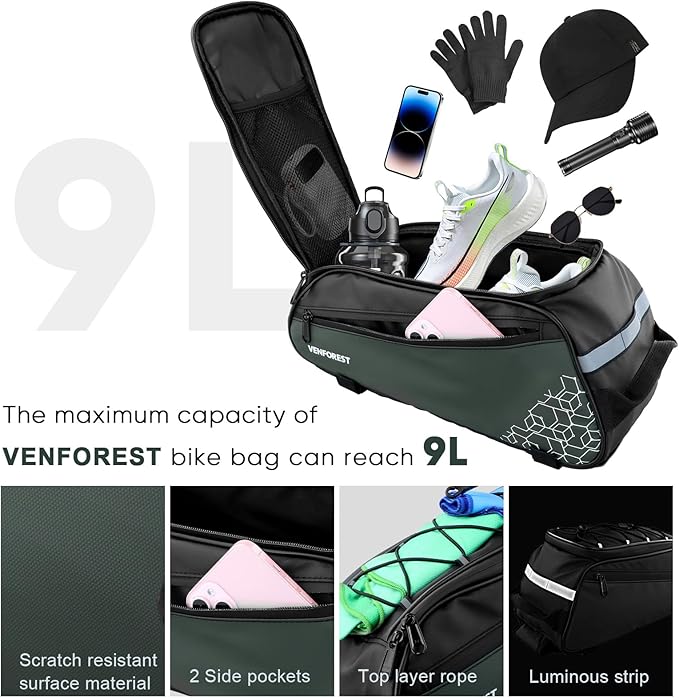 Bike Rear Rack Bag,9L PVC Waterproof Bike Trunk Bag for Road and Mountain Bikes,Bicycle Rear Seat Bag with Rain Cover Bike Saddle Bag for Cycling Trip (Brown green)