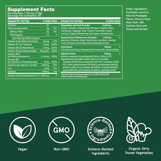Bulletproof Greens, 8.4 Ounces, Daily Greens Powder with Superfoods and Nootropics, Full Serving of Vegetables, Essential Nutrients