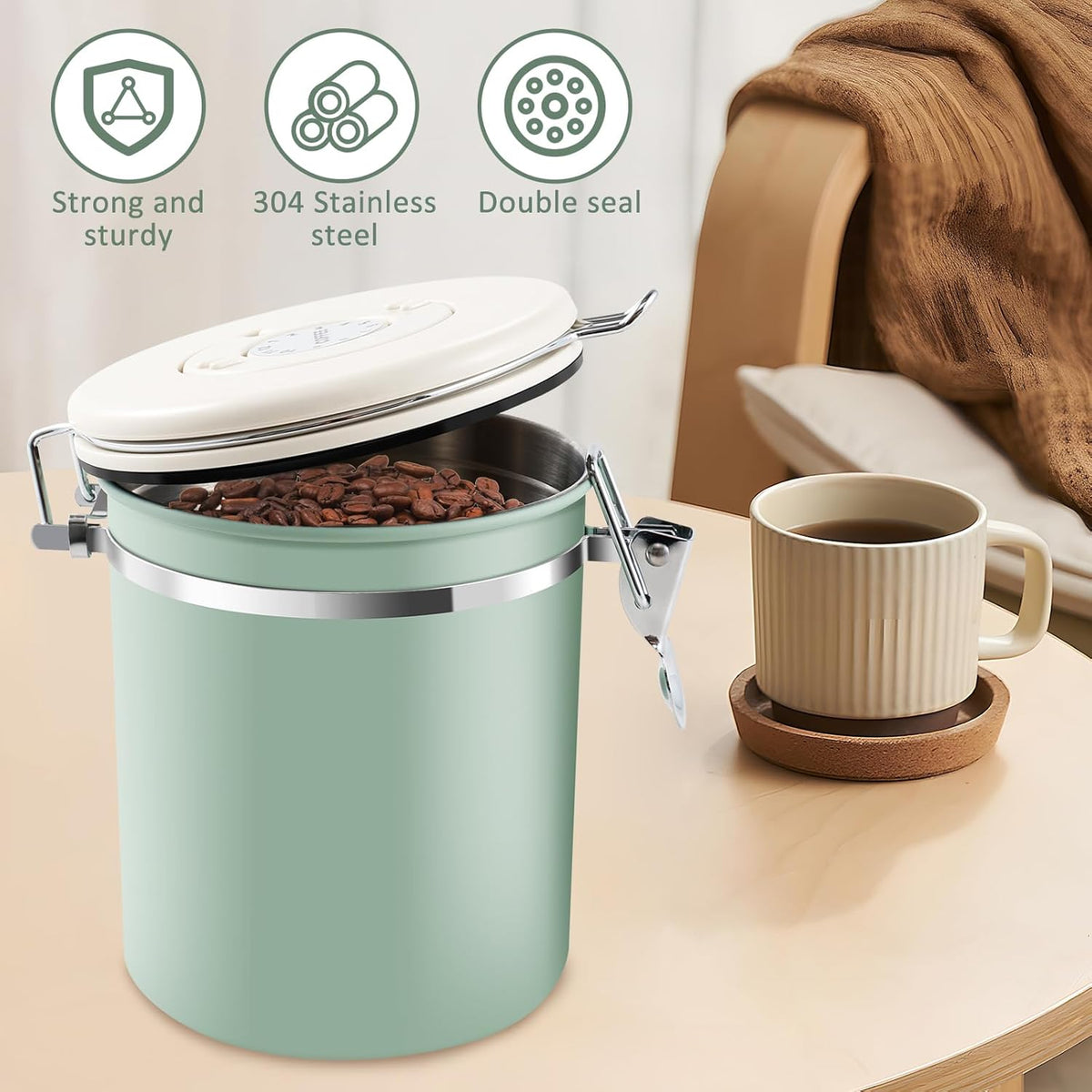 3Pcs Coffee Storage Canister 1.5L Double Airtight Coffee Beans Container with Date Locator 304 Stainless Steel Kitchen Food Storage Container with Spoon for Coffee Beans Grounds Tea,Green Sugar,Green