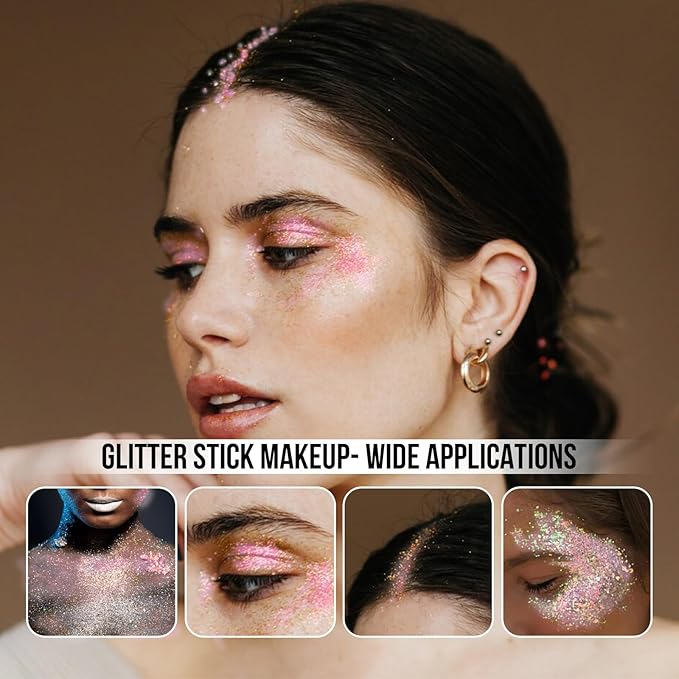 Brzeaf Pink Glitter Stick, Not Greasy & Long Lasting, Chunky Glitter for Face/Body/Hair/Eyes/Lip, Singer Concert Music Rave Halloween Festival, Glitter Stick Makeup & Face Glitter Gel for Women Men