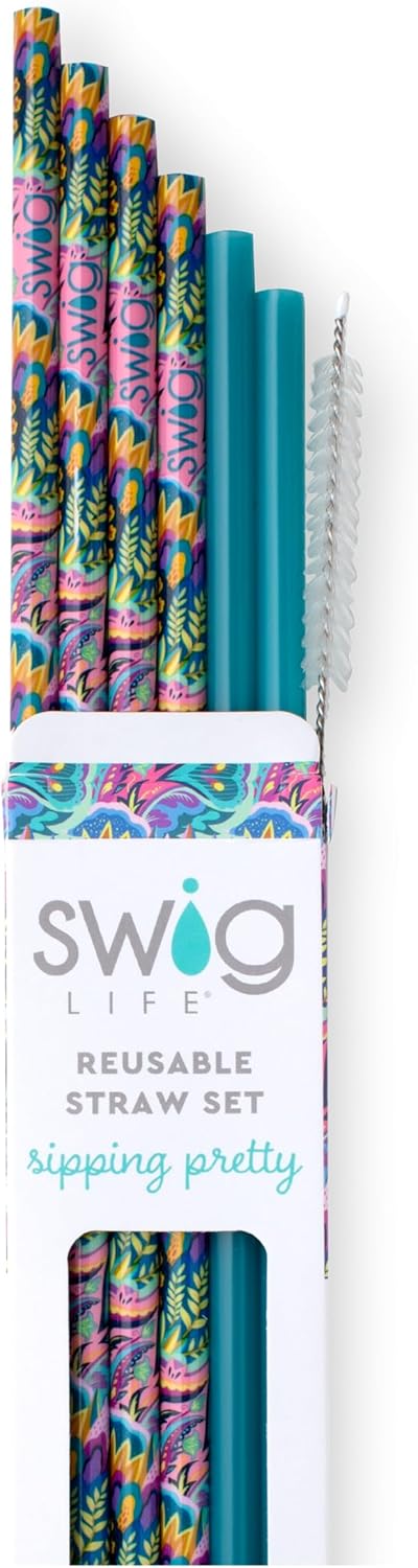 Swig Life Reusable Straws Bazaar + Teal Tall Straw Set & Cleaning Brush, Each Straw is 10.25 inch Long (Fits Swig Life 20oz Tumblers, 22oz, and 32oz Tumblers)