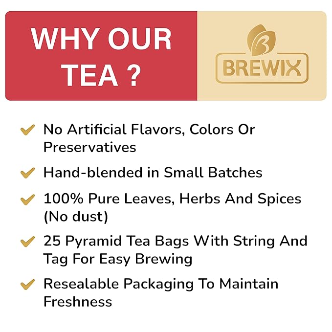 BREWIX, Rooibos Chai Tea Bags (25 Pyramid Tea Bags) Caffeine-Free, Herbal Tea, South African Red Tea | Rooibos, Cardamom, Cinnamon, Black Pepper, Nutmeg, Ginger & Clove
