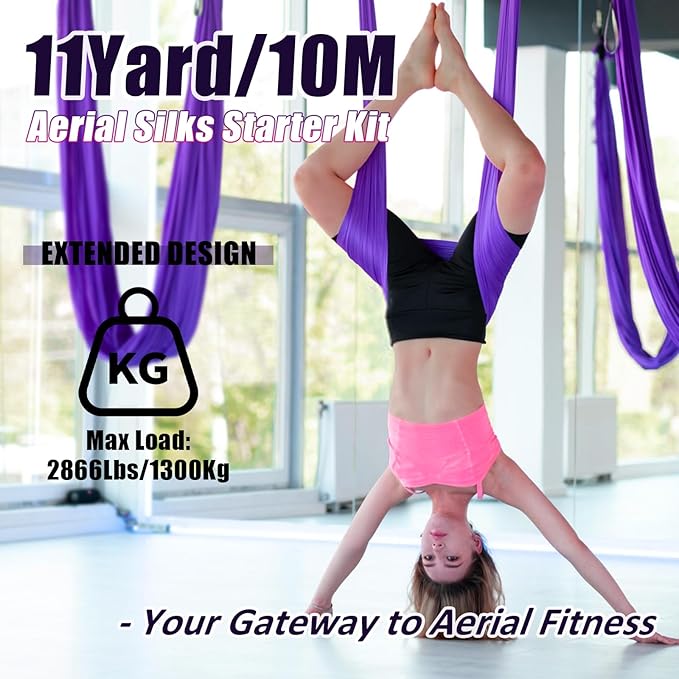 Aerial Silks Kit & Aerial Yoga Hammock - 11Yd Premium Fabric Hardware - Easy Setup for Flying Yoga, Aerial Swing & Fitness - Supports Up to 14ft Rigging