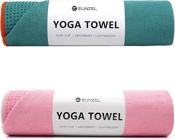 Eunzel 2 Pack Hot Yoga Towel with Grip Dot, Non Slip Yoga Mat Towe Sweat Absorbent Towel for Hot Yoga,Bikram, Pilates and Fitness 72" x 24", Dark Cyan/Pink