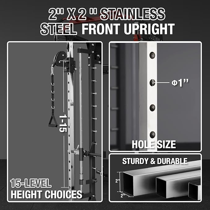 Mikolo Smith Machine, 2200lbs Squat Rack with LAT-Pull Down System & Cable Crossover Machine, Training Equipment with Leg Hold-Down Attachment