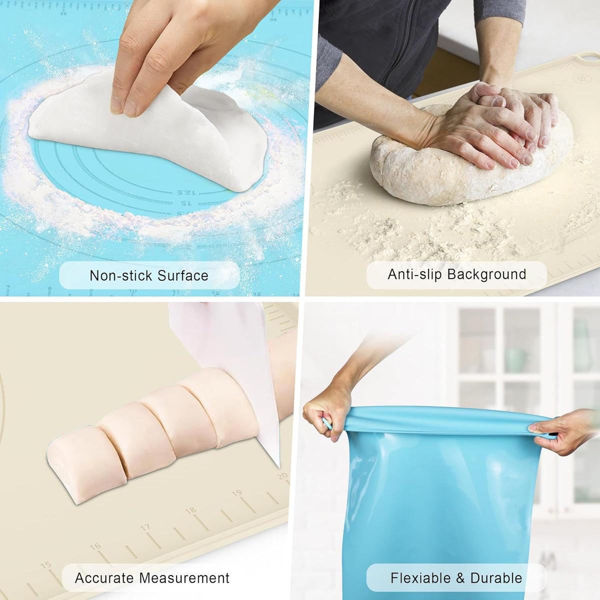 Silicone Baking Mat, Pastry Mat for Rolling Dough, Dough Rolling Pad 24''x16'', Silicone Pastry Mat with Measurements for Pizza, Pie, Macaron, Bread (Beige, XL)