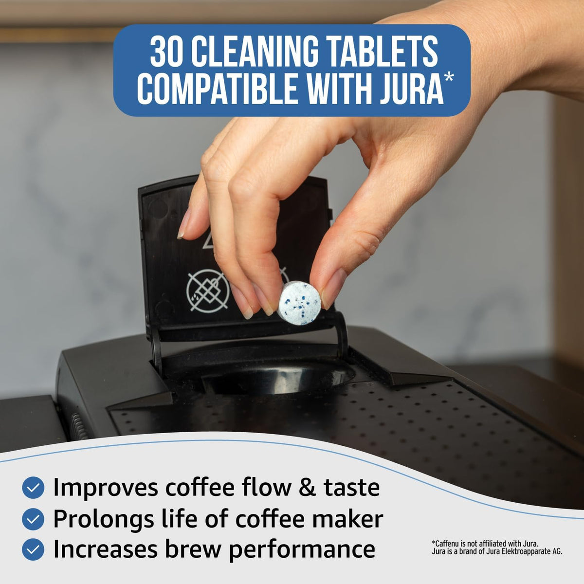 Jura Compatible Cleaning Tablets. 30 Tablets Cleaning. Coffee Cleaning Tablets - Cleans Internal Parts, Portafilter, Inaccessible Areas. Use On All Home & Pro Jura Coffee Machines.