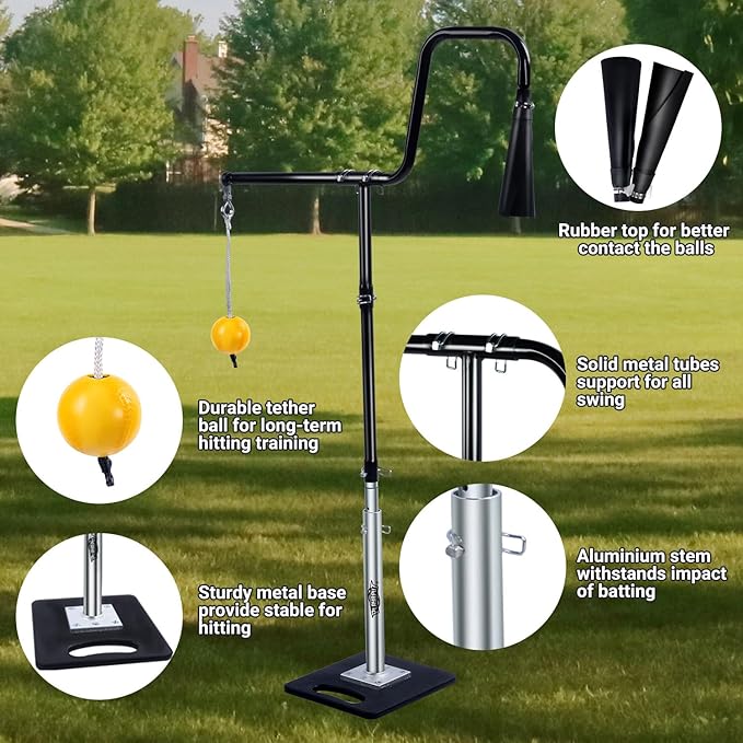 3-In-1 Baseball Softball Batting Tee,5 Hitting Modes To Choose,Auto Reset Baseball Swing Trainner With Tethered Ball,Handrolled Rubber Top,Weighted Base,Height Adjustable Hitting Tee For All Players