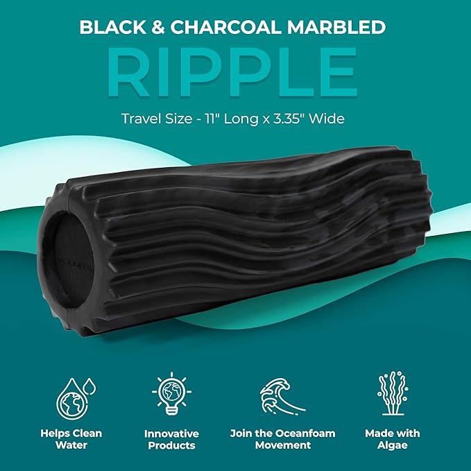 Oceanfoam Ripple Travel Foam Roller (11" x 3.35") Firm Mini Foam Roller for Physical Therapy, Deep Tissue Massage, Back Pain - High Density, Wave Textured - Yoga, Exercise (Black & Charcoal Marbled)