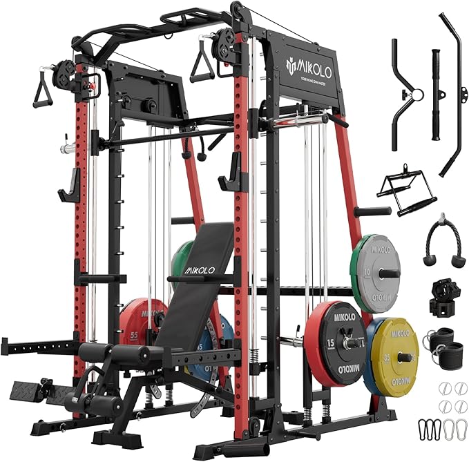 Mikolo Smith Machine, 2200lbs Squat Rack with LAT-Pull Down System & Cable Crossover Machine, Training Equipment with Leg Hold-Down Attachment