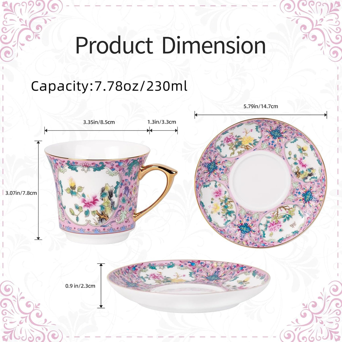 KAMMAK Tea Cups and Saucers Set of 2, Porcelain Coffee Cups with Saucer for Espresso, Cappuccino, 8oz Vintage Pink and Blue Ceramic Demitasse Mug for Home, Tea Party, Office