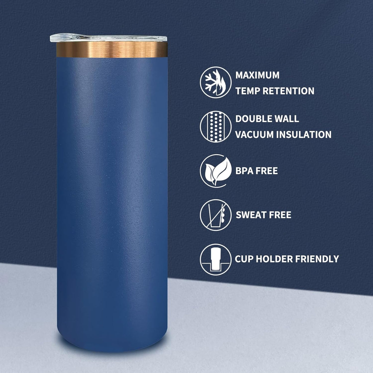 20 oz Skinny Tumblers Bulk, Stainless Steel Insulated Tumbler with Lids and Straws, Slim Double Wall Powder Coated Travel Coffee Mugs, Reusable Cup for Hot and Cold Drinks (Navy,1 pack)
